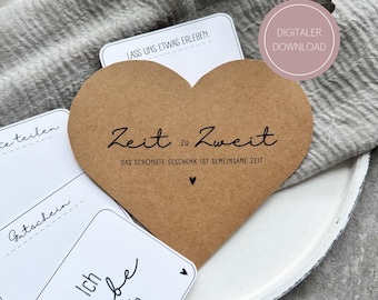 Herzkarte Zeit zu Zweit Gutschein zum Ausdrucken / Last Minute Geschenkidee / Valentinstag / DOWNLOAD