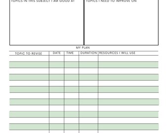 May include: A white exam revision planner with a pink header and green lined sections. The planner includes sections for subject, exam date, topics, and a revision plan with space for dates, times, and resources. Text includes "Exam Revision" and "Keep Calm - You Got This."