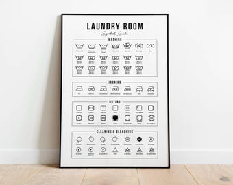 以下が含まれることがあります： 「Laundry Room Symbol Guide」というタイトルの洗濯のお手入れ記号ガイドのポスター。白黒で、洗濯、アイロンがけ、乾燥、クリーニング、漂白の記号が含まれています。