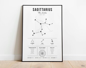 Pode incluir: Um cartaz imprimível em preto e branco com o signo do zodíaco Sagitário. O cartaz apresenta a constelação, o elemento, o signo, o planeta, as características, a 9ª casa e as qualidades do signo.