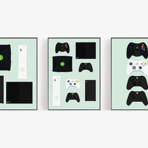 May include: Three framed prints featuring a timeline of Xbox consoles and controllers. The first print shows the original Xbox console and controller, the second print shows the Xbox 360 console and controller, and the third print shows a series of Xbox controllers.