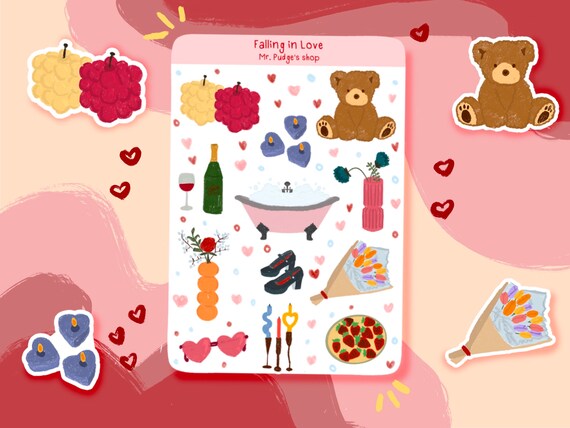 Romantic Teddy Bear Sticker Sheet – Love-Themed Kawaii Stickers for Journals & Planners