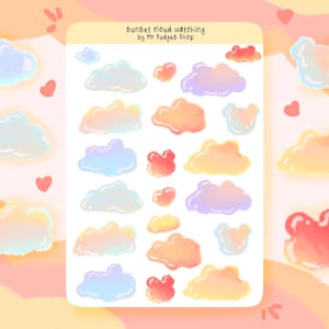 May include: A sheet of colourful cloud stickers with a rainbow gradient. The stickers are in various shapes and sizes, with some featuring a heart shape. The sheet is titled "Sunset cloud watching by Mr. Fudge's Shop".
