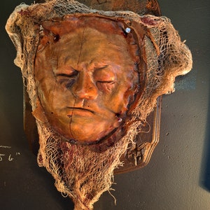 Skinned Face Wood Plaque - &quot;Barry&quot;- Horror SFX Prop, Halloween Décor, Ed Gein, Texas Chainsaw Massacre, Cannibal