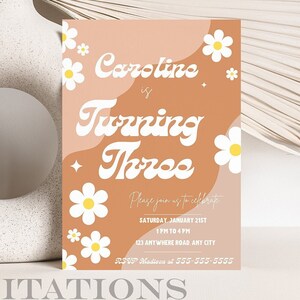 Editable Groovy Third Birthday Party Invitation Boho Daisy Floral Retro Birthday Theme Digital Download TT1