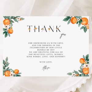 Bewerkbare platte bedankkaart A Little Cutie is onderweg Babyshower, oranje mandarijn schatje genderneutraal minimaal, instant download CUT1