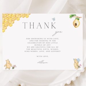 Carte plate modifiable de remerciement Notre petit miel classique Baby shower de Winnie l'ourson, ours de miel neutre sexiste minimal, téléchargement immédiat WTP1