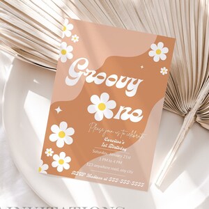 Editable Groovy One Birthday Party Invitation Boho Retro 70s Floral Digital Invitation Instant Download GO1