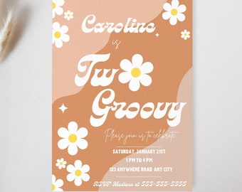 Editable Two Groovy Birthday Party Invitation Boho Retro 70s Floral Digital Invitation Instant Download G1