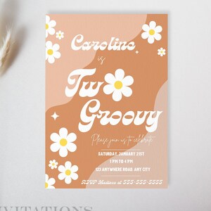 Bearbeitbare Zwei Groovy Birthday Party Einladung Boho Retro 70er Floral Digitale Einladung Instant Download G1