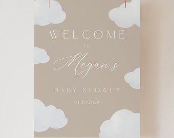 Editable Welcome Sign Oh Baby Beige Brown Cloud Baby Shower, Gender Neutral Boho Minimal Baby Shower Theme, Printable Instant Download BC1