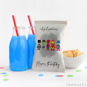 Editable Superhero Birthday Chip Bag Calling All Superheroes Printable Birthday Minimal Party Invitations Digital Kids Party SH1