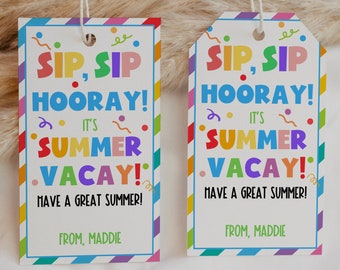 Printable End of School Year Summer Gift Tag, Thank You Sip Sip Hooray Summer Vacation Last Day of School Classroom, Instant Download SUM1