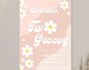 Editable Two Groovy Birthday Party Invitation Boho Retro 70s Floral Digital Invitation Instant Download G2