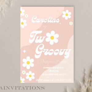 Editable Two Groovy Birthday Party Invitation Boho Retro 70s Floral Digital Invitation Instant Download G2