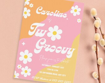 Editable Two Groovy Birthday Party Invitation Boho Retro 70s Floral Digital Invitation Instant Download G3