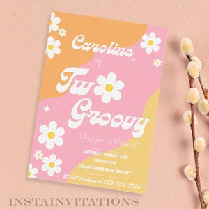 Invitación editable a fiesta de cumpleaños de dos Groovy Boho Retro 70s Invitación digital floral Descarga instantánea G3