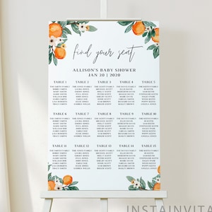 Bewerkbaar Find Your Seat-bordje A Little Cutie is on the Way Babyshower, oranje mandarijn schatje genderneutraal minimaal, instant download CUT1