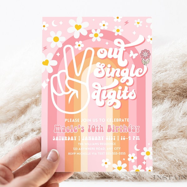 Editable Rainbow Peace Out Single Digits Pink Groovy Birthday Invite Daisy Rainbow Hippie Birthday Invitation Instant Download