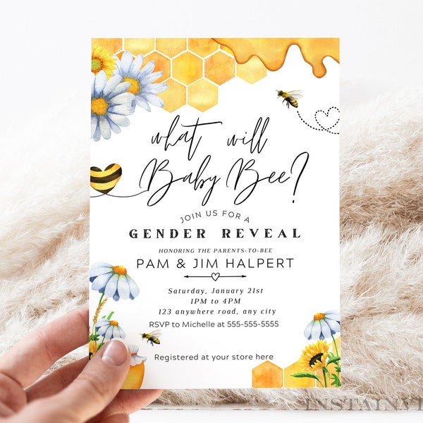 Editable What Will Baby Bee Gender Reveal Bee Theme Honey Theme Shower Gender Neutral Digital Invitation HB1