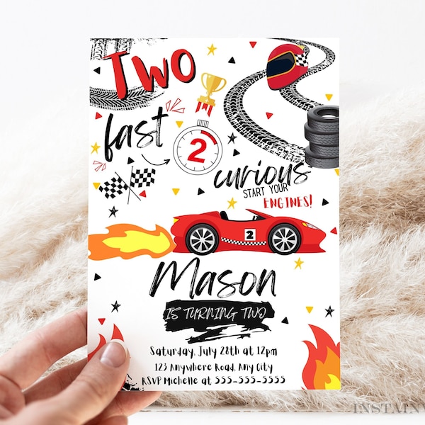 Editable Two Fast Birthday Invitation Two Fast Race Car 2nd Birthday Party Two Fast 2 Curious Birthday Invite Instant Download TF1