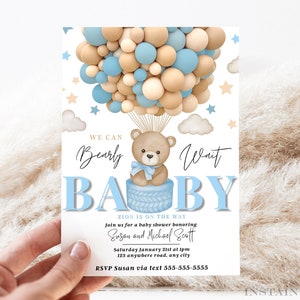 Editable Baby Shower Teddy Bear Invitation Hot Air Balloon Baby Shower Boy Baby Shower Teddy Bear Template Instant Download