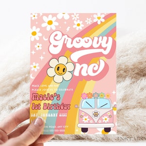 Editable Groovy One 1st Birthday Rainbow Invite Retro Hippie Party Invitation Template Instant Download