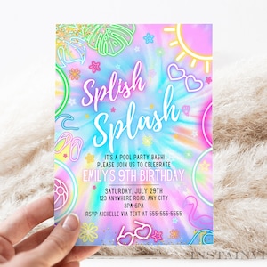 Editable Splish Splash Pool Party Birthday Invitation Glowing Tie Dye Summer Swimming Pool Birthday Party Neon Glow Instant Download