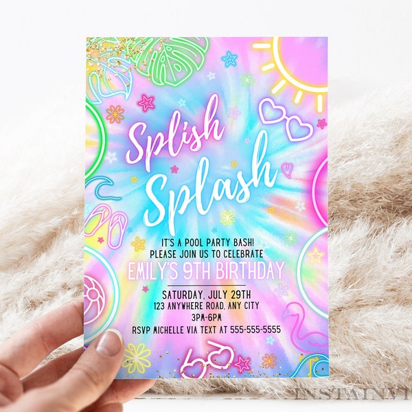Bewerkbare Splish Splash Pool Party verjaardagsuitnodiging Gloeiende Tie Dye zomer zwembad verjaardagsfeestje Neon Glow Instant Download
