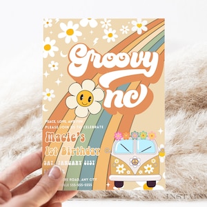 Editable Groovy One 1er cumpleaños Rainbow Invitar Retro Hippie Party Invitation Plantilla Descarga instantánea