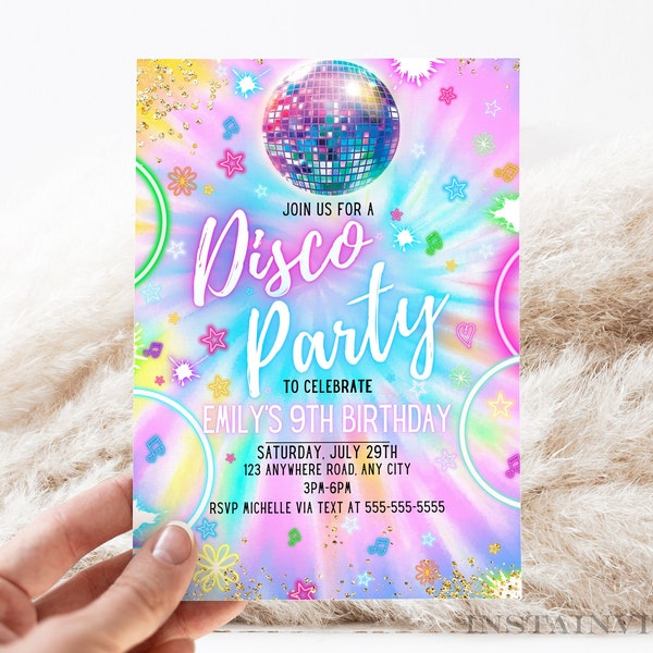 Editable Disco Party Birthday Invitation Glowing Tie Dye Glow Dance Birthday Party Neon Glow Dance Party Instant Download