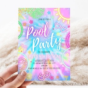 Editable Pool Party Birthday Invitation Glowing Tie Dye Summer Swimming Pool Birthday Party Neon Glow Instant Download