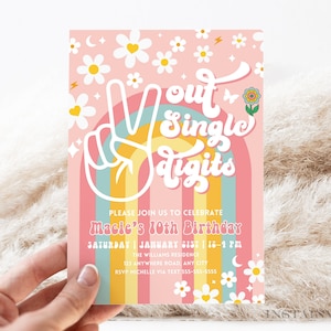 Editable Rainbow Peace Out Single Digits Pink Groovy Birthday Invite Daisy Rainbow Hippie Birthday Invitation Instant Download