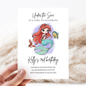 Editable Mermaid Birthday Invitation The Little Mermaid Birthday Minimal Birthday Party Ariel Mermaid Birthday Under The Sea Birthday