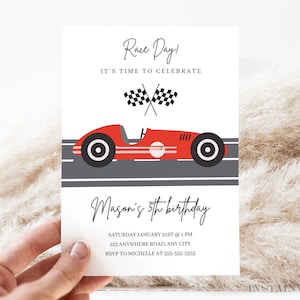Bewerkbare minimalistische raceauto verjaardagsuitnodiging raceauto minimale verjaardagsfeestje verjaardagsuitnodiging direct downloaden