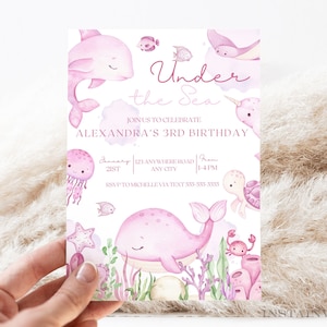 Editable Under the Sea Girl Birthday Invitation Ocean Animals Birthday Sea Birthday Instant Download
