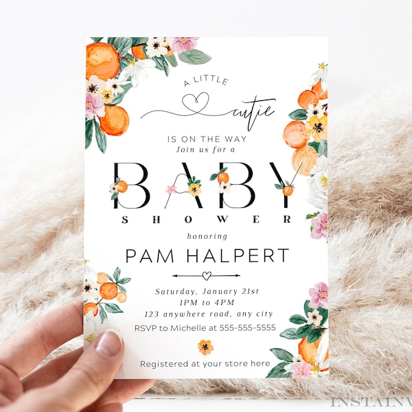 Editable A Little Cutie is on the Way Orange Baby Shower Invitation, Orange Tangerine Cutie Gender Neutral Minimal, Instant Download CUT1