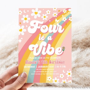 Editable Four is A Vibe Rainbow Groovy Invite 4th Birthday Invite Pink ...