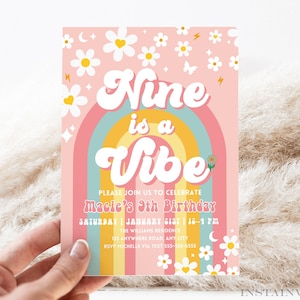 Editable Nine Is A Vibe Rainbow Groovy Invite 9th Birthday Invite Pink Daisy Van Birthday Hippie Birthday Invite Instant Download GR1