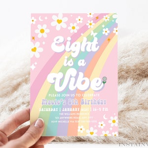 Editable Eight Is A Vibe Rainbow Groovy Invite 8th Birthday Invite Pink Daisy Van Birthday Hippie Birthday Invite Instant Download GR2