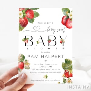 Editable A Berry Sweet Baby Shower Invitation, Strawberry Berry Sweet Gender Neutral Minimal Baby Shower Instant Download Printable SBS1