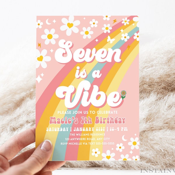 Editable Seven Is A Vibe Rainbow Groovy Invite 7th Birthday Invite Pink Daisy Van Birthday Hippie Birthday Invite Instant Download GR1