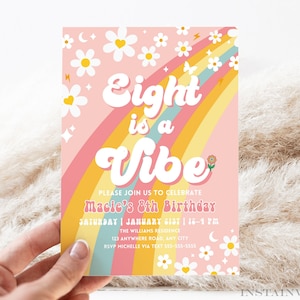 Editable Eight Is A Vibe Rainbow Groovy Invite 8th Birthday Invite Pink Daisy Van Birthday Hippie Birthday Invite Instant Download GR1