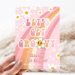 Convite editável Let's Get Groovy Daisy Rainbow Groovy Convite de aniversário Hippie Retro Convite de aniversário Download instantâneo GR6