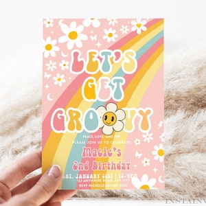 Editable Let&#39;s Get Groovy Invite Daisy Rainbow Groovy Birthday Invite Hippie Retro Birthday Invitation Instant Download GR5