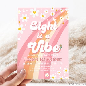 Editable Eight Is A Vibe Rainbow Groovy Invite 8th Birthday Invite Pink Daisy Van Birthday Hippie Birthday Invite Instant Download GR3