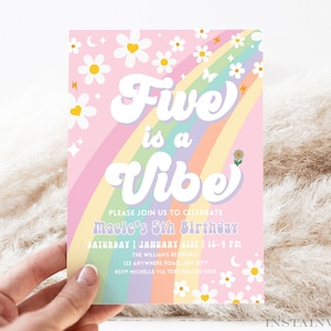 Editable Five Is A Vibe Rainbow Groovy Invite 5th Birthday Invite Pink Daisy Van Birthday Hippie Birthday Invite Instant Download GR2