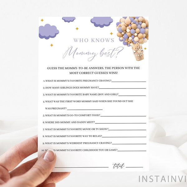 Who Knows Mommy Best Baby Shower Game, Purple Baby Shower Gender Neutral Lavender Brown Boho Teddy Bear Hot Balloon, Instant Download PUOB1