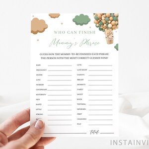 Who Can Finish Mommy&#39;s Phrase Baby Shower Game, Green Baby Shower, Gender Neutral Brown Boho Teddy Bear Hot Balloon, Instant Download GOB1