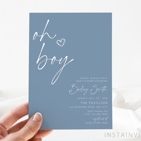 Editable Minimalist Oh Boy Blue Baby Shower Invitation, Boy Blue Modern Minimal Boho Baby Shower, Printable Instant Download Template OBB2
